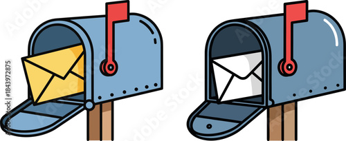 Two colorful mailboxes with letters, one yellow and one white, isolated on a transparent background.