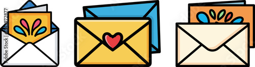 Colorful envelopes with decorative invitations on a transparent background, showcasing a modern design, vibrant colors, and playful patterns