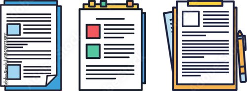 Illustration of multiple documents and papers on a clipboard in a flat design style on a transparent background