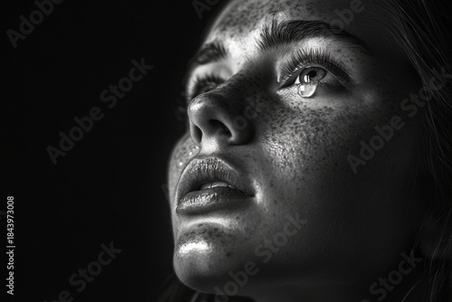  Dramatic Black and White Portrait of Sad Woman Crying with Freckles
