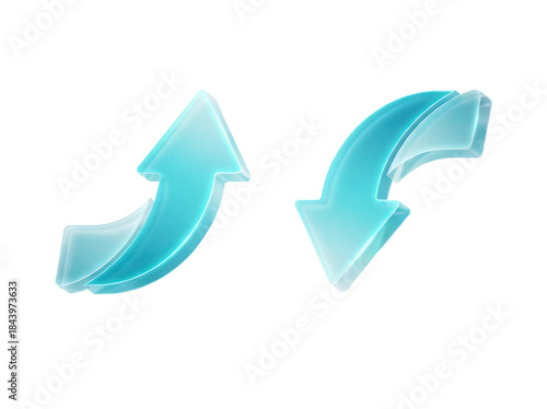 Futuristic growth and decline arrows with a split, dual direction design and a professional cyan gradient, a 3D glassmorphism arrow icon set isolated on white
