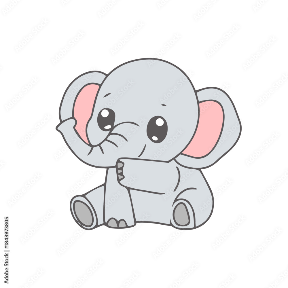 Obraz premium Cute little baby elephant vector illustration, a charming and friendly animal character with big ears and tiny trunk, ideal for nursery decor or children's designs
