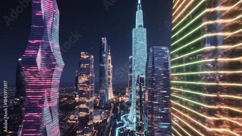 Futuristic Cityscape at Night with Neon Lights and Modern Architecture.