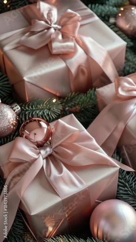 Three pink boxes with bows on them. A pink ball is on top of the middle box. A bunch of pink balls are on the right side of the