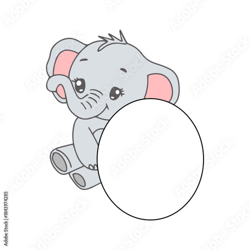 Adorable cartoon baby elephant peeking around a large empty circle for text or image placement