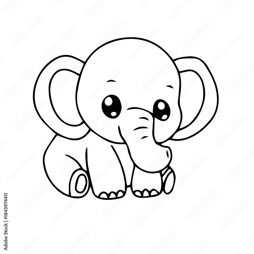 Obraz premium Cute baby elephant cartoon line art illustration with big expressive eyes and a playful trunk, perfect for children's coloring and playful designs
