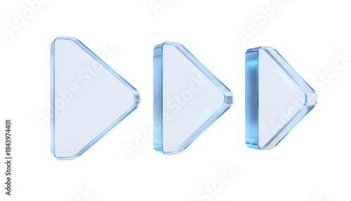 Forward progress indicators with a straight, bold design and a bright, glowing blue edge, a 3D glassmorphism arrow icon set isolated on white