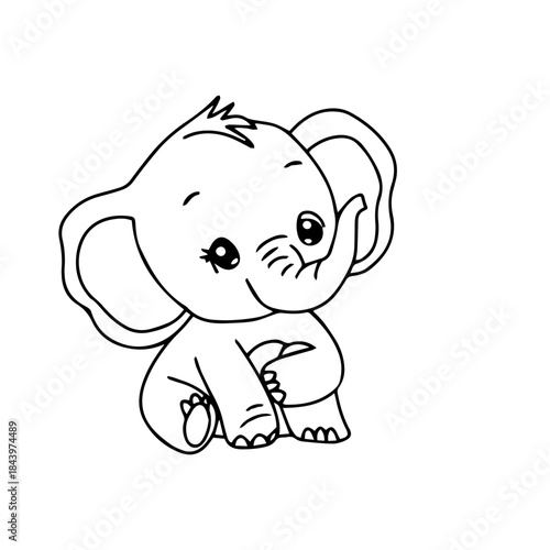 Adorable baby elephant illustration, a charming and cute outline drawing perfect for children's books, coloring pages, or nursery decor, capturing innocent joy in simple line art