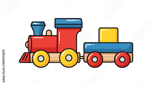 A colorful wooden toy train with a red locomotive and a blue wagon carrying a yellow block.