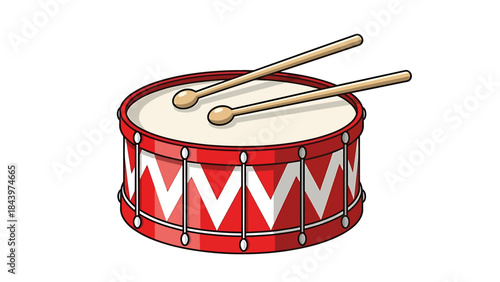 A vibrant red toy drum with white zigzag patterns and two wooden drumsticks resting on top, depicted against a plain white background.