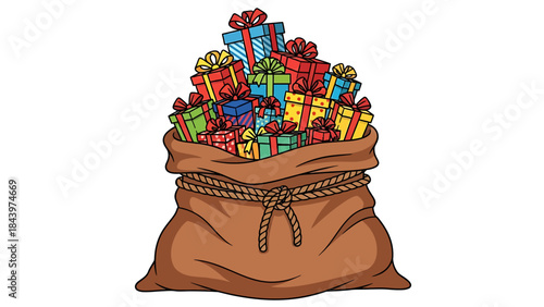 A brown sack overflowing with numerous colorful wrapped gifts and presents, tied with a rope, on a white background.