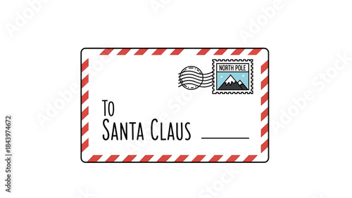 A cartoon illustration of a white envelope with a red and white striped border, addressed to Santa Claus, featuring a North Pole postage stamp.