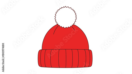 A red knitted beanie hat with a white pom-pom on top, isolated on a white background.