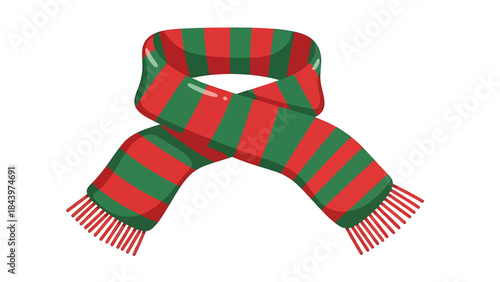 A vibrant red and green striped winter scarf with fringed ends, tied in a simple knot.