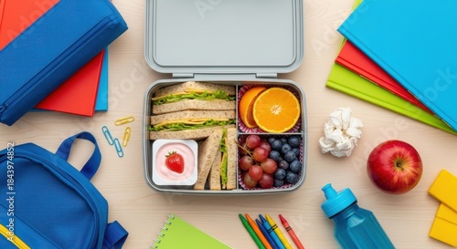 A balanced and visually appealing lunchbox, complete with sandwiches, fresh fruits, and other nutritious snacks, epitomizes healthy eating. Ideal for children or anyone seeking a balanced meal.