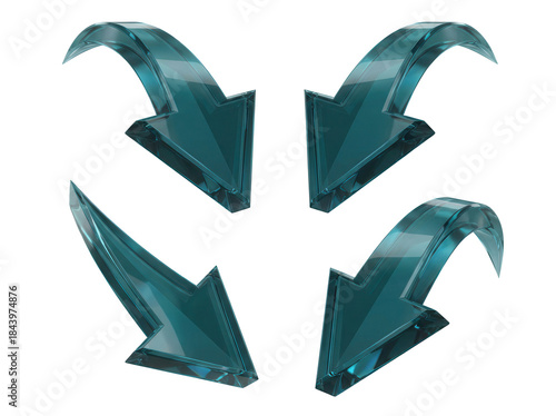 Downward curving decline markers with a sharp, angular design and a deep, reflective teal surface, a 3D glassmorphism arrow icon set isolated on white