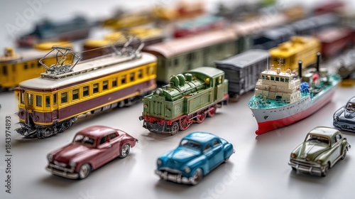 Miniature vintage vehicle collection showcasing cars trains and a ship on a white surface