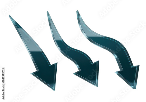 Downward curving decline markers with a sharp, angular design and a deep, reflective teal surface, a 3D glassmorphism arrow icon set isolated on white