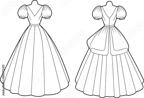 Women’s formal gown fashion illustration, front and back technical drawing, puff sleeves, voluminous skirt, garment construction, black and white vector