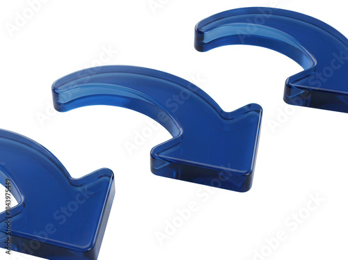 Downward curving decline markers with a gentle, arching design and a deep, reflective blue surface, a 3D glassmorphism arrow icon set isolated on white