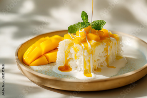 Vegan Thai mango sticky rice dessert, coconut cream drizzle, vibrant tropical colors
