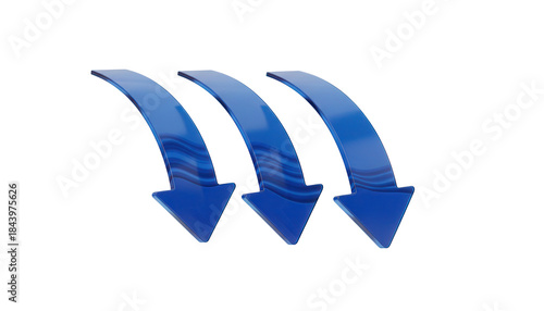 Downward curving decline markers with a gentle, arching design and a deep, reflective blue surface, a 3D glassmorphism arrow icon set isolated on white