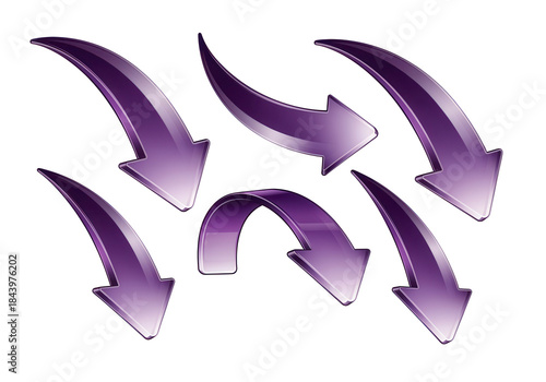 Downward, curved decline markers with a smooth, arching shape and a deep, reflective purple gradient, a 3D glassmorphism arrow icon set isolated on white