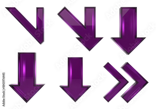 Downward right diagonal pointers with a sharp, angular form and a deep, reflective purple surface, a 3D glassmorphism arrow icon set isolated on white