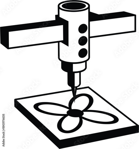 3D printer CNC machine illustration, flower design fabrication icon, automated manufacturing process, black and white vector graphic