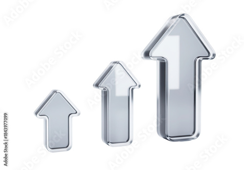 Digital growth indicators pointing upward with a sleek, metallic silver sheen and soft reflections, a 3D glassmorphism arrow icon set isolated on white