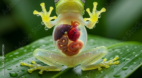 Glass frog resting on a leaf with transparent skin revealing internal organs. A unique tropical amphibian known for its delicate appearance and nocturnal rainforest life.