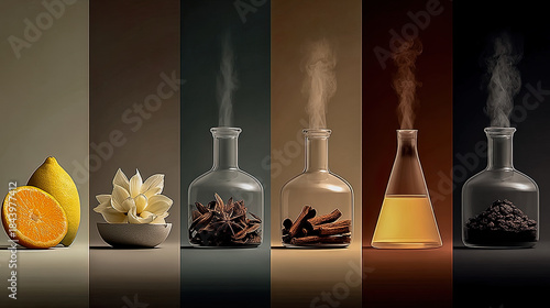 Six glass bottles with essences and natural elements: citrus, flowers, spices and aromatic resins. Generated with AI