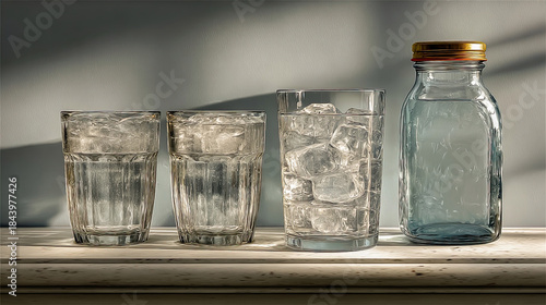 Three glasses with ice and empty clear bottle on white surface illuminated by natural light. Generated with AI