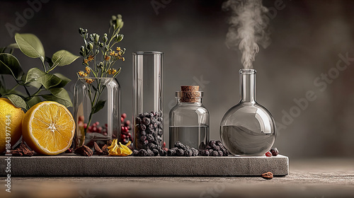 Botanical composition with glass flasks, lemon, berries, flowers, green leaves and aromatic steam. Generated with AI