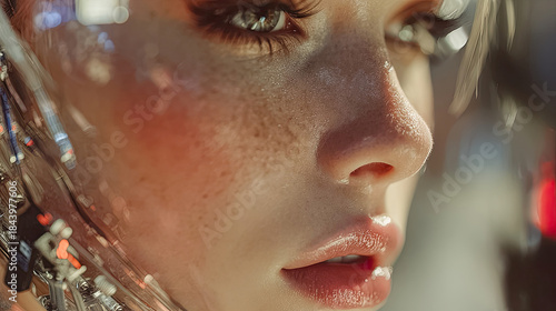 Close-up of female android with realistic skin, glossy texture and visible technological implants. Generated with AI