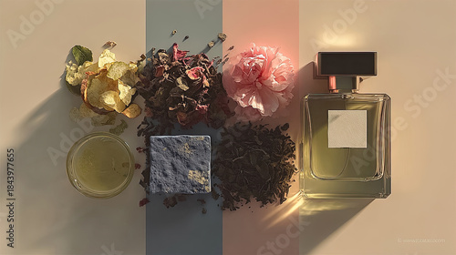 Aromatic composition with dried flowers, citrus, stone, tea and perfume bottle on color-split background. Generated with AI