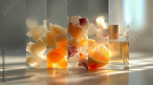 Peels, petals and fruits encased in transparent glass bottles lit by soft and warm light. Generated with AI