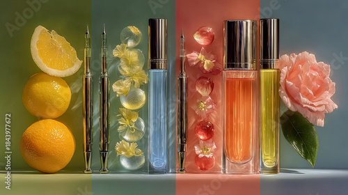 Vertical bottles with colorful perfumes, fruits and flowers arranged by color tones on split background. Generated with AI