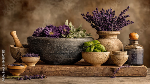 Composition of vintage mortars with lavender, basil and purple flowers on rustic wooden base. Generated with AI