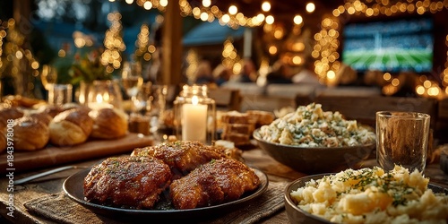 Barbecue chicken wings and sides on table with holiday lights and football game on TV