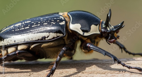 Goliath beetle displaying its massive body, bold black and white patterns, and glossy exoskeleton. One of the world’s largest beetles, symbol of strength and exotic insects.