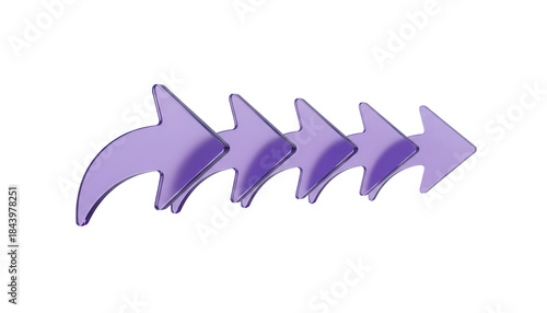 Curved, forward pointing corporate indicators with a smooth, flowing design and a clean, translucent purple texture, a 3D glassmorphism arrow icon set isolated on white