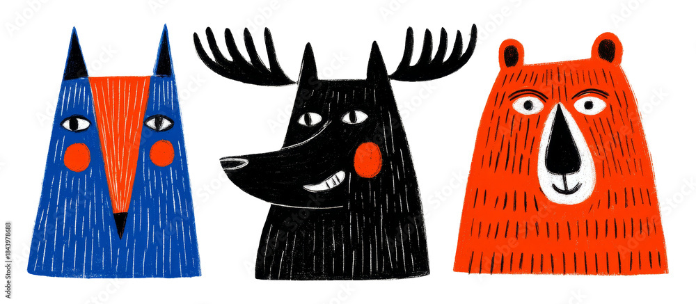 Obraz premium Stylized Folk Art Representation of Three Unique Animal Characters