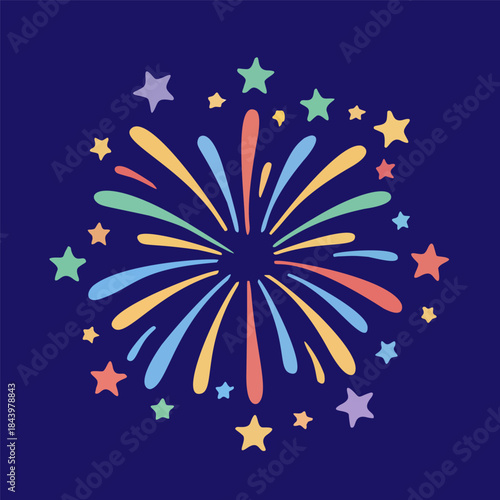 Colorful abstract fireworks exploding with stars on a dark blue background