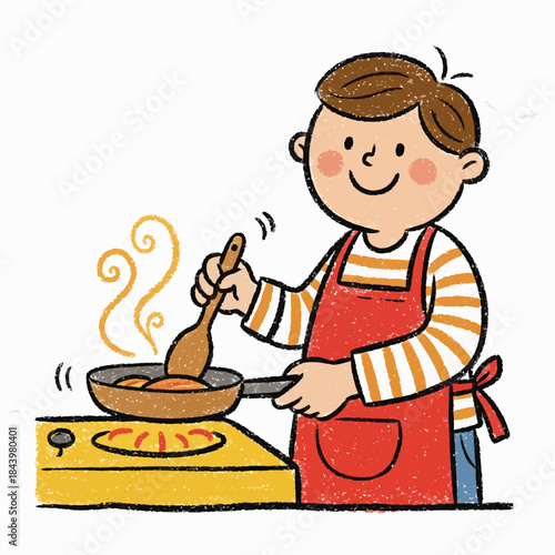 Child in apron cooking on a yellow stovetop with steam rising