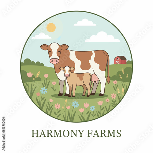 Circular illustration featuring a brown and white cow and a calf in a flowery field with a red barn and sun