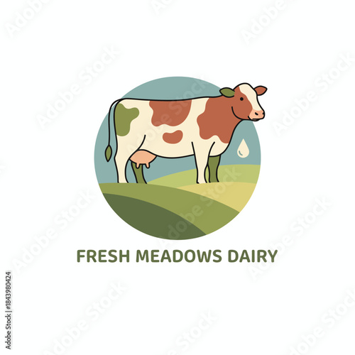 Circular logo featuring a spotted cow in a meadow with a milk drop