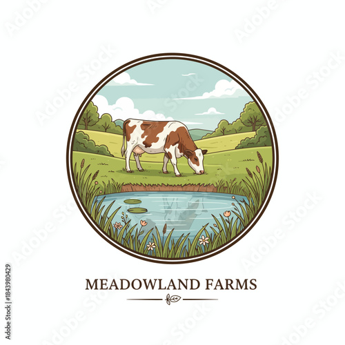 Circular logo featuring a brown and white cow grazing near a pond in a green field