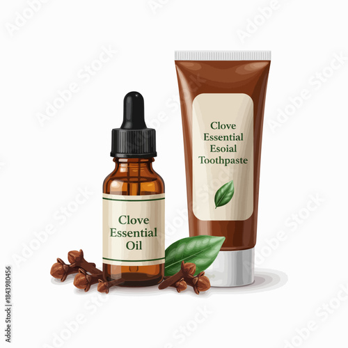 Clove essential oil bottle toothpaste tube and dried cloves on white