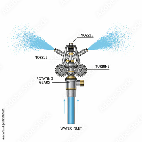 Crosssection diagram of a geardriven impulse sprinkler mechanism with labeled parts